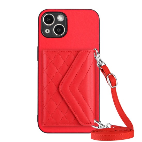 Apple iPhone 13 Mini dėklas nugarėlė su kortelėmis ir ilgu dirželiu Rhombic, raudonas Apple iPhone 13 Mini dėklas nugarėlė su kortelėmis ir ilgu dirželiu Rhombic, raudonas