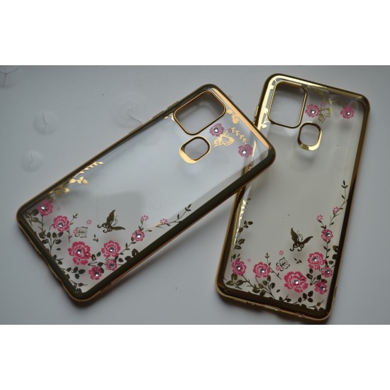 Samsung Galaxy A21s silikoninis dėklas Flowers, auksinis