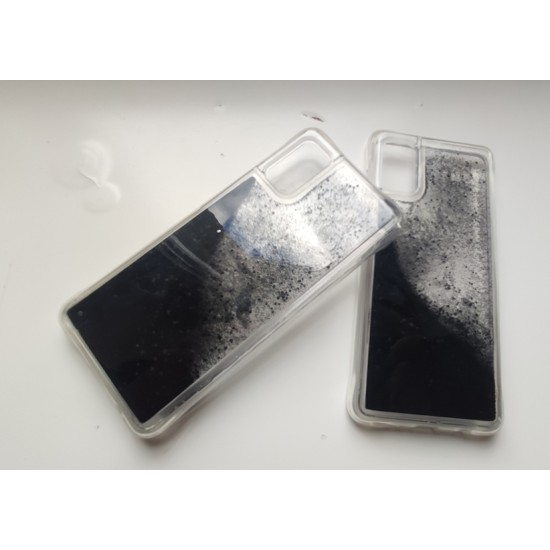 Samsung Galaxy A41 dėklas su judančiais blizgučiais, juodas