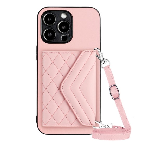 Apple iPhone 13 Pro dėklas nugarėlė su kortelėmis ir ilgu dirželiu Rhombic, rausvas Apple iPhone 13 Pro dėklas nugarėlė su kortelėmis ir ilgu dirželiu Rhombic, rausvas