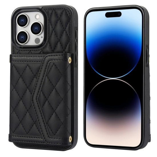 Apple iPhone 14 Pro dėklas nugarėlė su kortelėmis ir ilgu dirželiu Rhombic, juodas