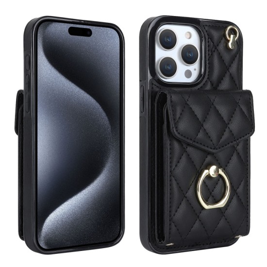 Apple iPhone 15 Pro dėklas nugarėlė su kortelėmis ir ilgu dirželiu Rhombic, juodas Apple iPhone 15 Pro dėklas nugarėlė su kortelėmis ir ilgu dirželiu Rhombic, juodas