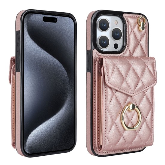 Apple iPhone 15 Pro dėklas nugarėlė su kortelėmis ir ilgu dirželiu Rhombic, rausvas Apple iPhone 15 Pro dėklas nugarėlė su kortelėmis ir ilgu dirželiu Rhombic, rausvas
