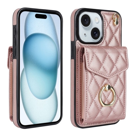 Apple iPhone 15 dėklas nugarėlė su kortelėmis ir ilgu dirželiu Rhombic, rausvas Apple iPhone 15 dėklas nugarėlė su kortelėmis ir ilgu dirželiu Rhombic, rausvas