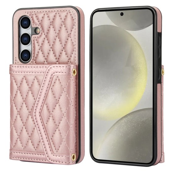 Samsung Galaxy S24+ Plus dėklas nugarėlė su kortelėmis ir ilgu dirželiu Rhombic, rausvas Samsung Galaxy S24+ Plus dėklas nugarėlė su kortelėmis ir ilgu dirželiu Rhombic, rausvas