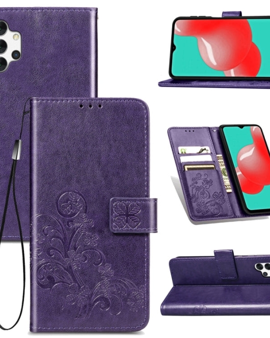 Samsung Galaxy A32 4G dėklas Four-leaf Clasp Embossed Buckle Mobile Phone Protection Leather Case with Lanyard & Card Slot & Wallet & Bracket Function(Purple)