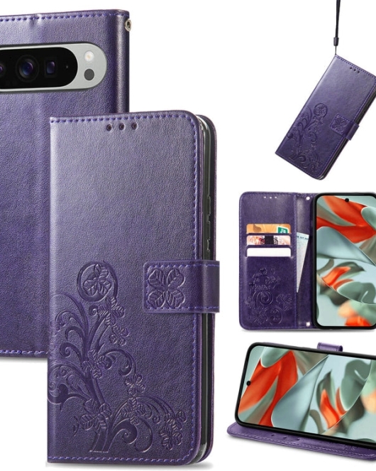 Google Pixel 9 Pro XL dėklas Four-leaf Clasp Embossed Leather Phone Case(Purple)