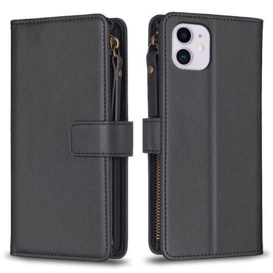 Apple iPhone 11 dėklas knygutė su 9 skyreliais viduje Zipper, juodas Apple iPhone 11 dėklas knygutė su 9 skyreliais viduje Zipper, juodas
