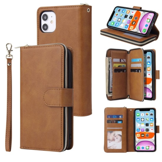 Apple iPhone 11 dėklas knygutė su 9 skyreliais viduje Zipper, rudas Apple iPhone 11 dėklas knygutė su 9 skyreliais viduje Zipper, rudas