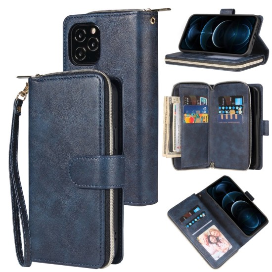 Apple iPhone 12 Pro Max dėklas knygutė su 9 skyreliais viduje Zipper, mėlynas Apple iPhone 12 Pro Max dėklas knygutė su 9 skyreliais viduje Zipper, mėlynas