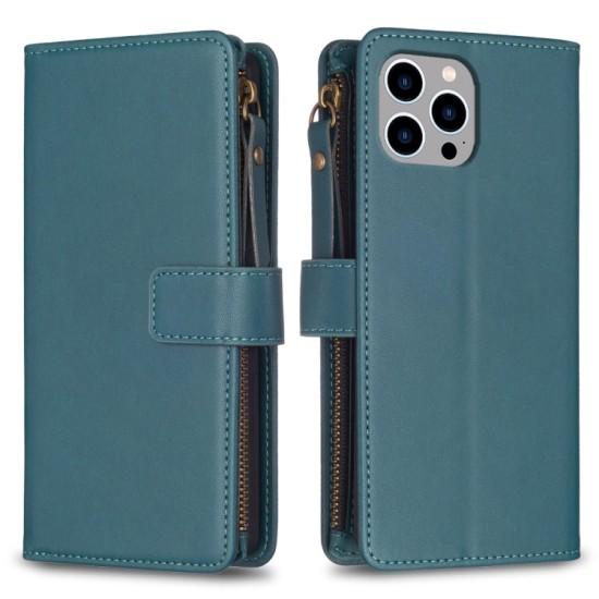 Apple iPhone 12 Pro Max dėklas knygutė su 9 skyreliais viduje Zipper, žalias Apple iPhone 12 Pro Max dėklas knygutė su 9 skyreliais viduje Zipper, žalias