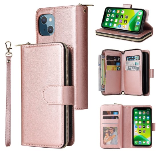 Apple iPhone 13 Mini dėklas knygutė su 9 skyreliais viduje Zipper, rausvas auksinis Apple iPhone 13 Mini dėklas knygutė su 9 skyreliais viduje Zipper, rausvas auksinis