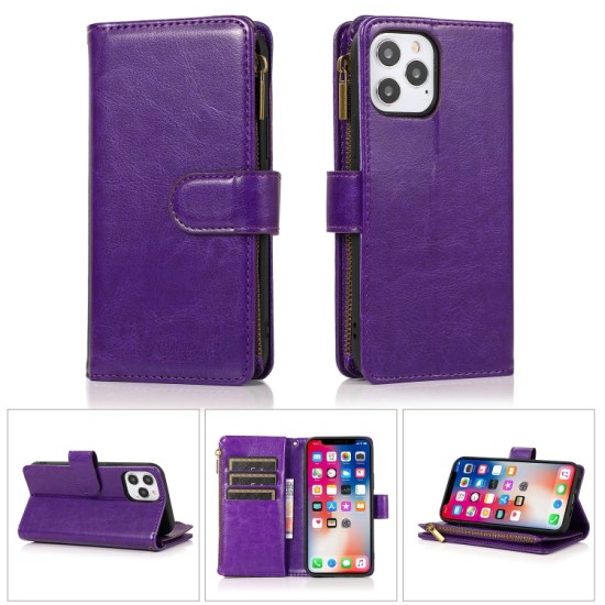 Apple iPhone 13 Mini dėklas knygutė su 9 skyreliais viduje Zipper, violetinis Apple iPhone 13 Mini dėklas knygutė su 9 skyreliais viduje Zipper, violetinis
