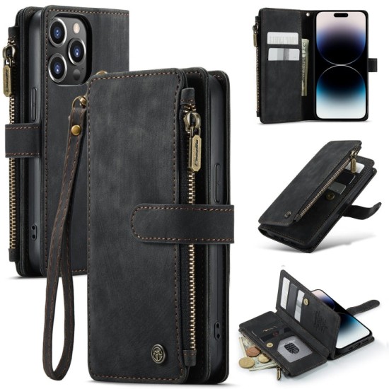 Apple iPhone 14 Pro Max dėklas atverčiamas knygutė piniginė CaseMe C30, juodas Apple iPhone 14 Pro Max dėklas atverčiamas knygutė piniginė CaseMe C30, juodas