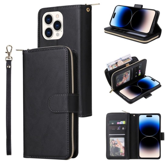 Apple iPhone 14 Pro Max dėklas knygutė su 9 skyreliais viduje Zipper, juodas