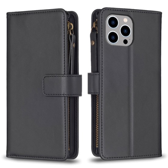 Apple iPhone 14 Pro dėklas knygutė su 9 skyreliais viduje Zipper, juodas Apple iPhone 14 Pro dėklas knygutė su 9 skyreliais viduje Zipper, juodas