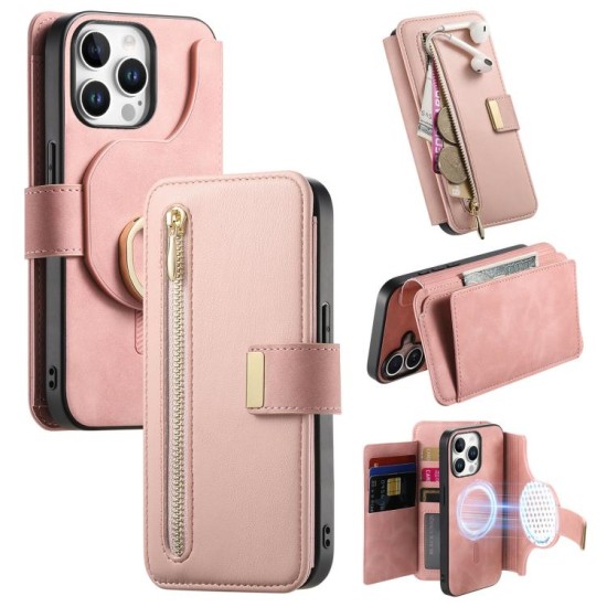 Apple iPhone 14 Pro dėklas piniginė arverčiamas Zipper, rožinis Apple iPhone 14 Pro dėklas piniginė arverčiamas Zipper, rožinis