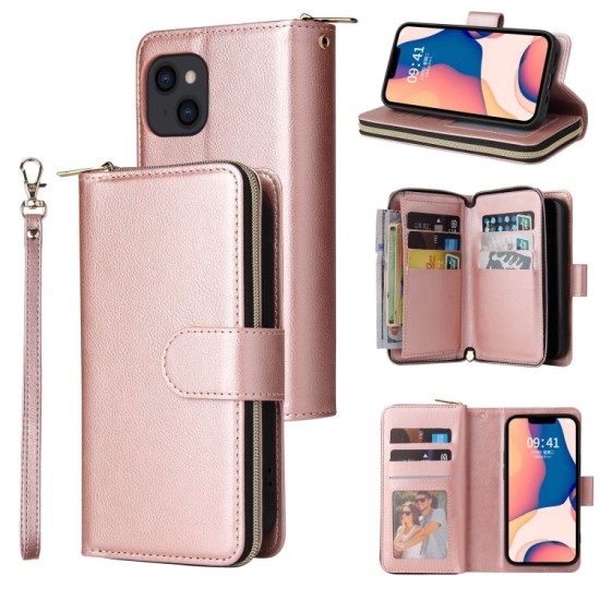 Apple iPhone 14 dėklas knygutė su 9 skyreliais viduje Zipper, rausvas auksinis Apple iPhone 14 dėklas knygutė su 9 skyreliais viduje Zipper, rausvas auksinis