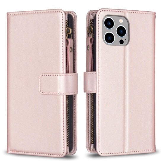 Apple iPhone 15 Pro Max dėklas knygutė su 9 skyreliais viduje Zipper, rausvas auksinis Apple iPhone 15 Pro Max dėklas knygutė su 9 skyreliais viduje Zipper, rausvas auksinis
