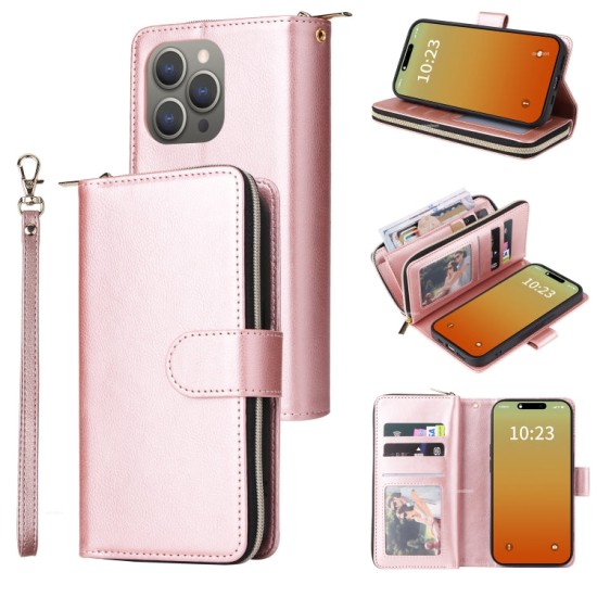 Apple iPhone 15 Pro Max dėklas knygutė su 9 skyreliais viduje Zipper, rausvas auksinis Apple iPhone 15 Pro Max dėklas knygutė su 9 skyreliais viduje Zipper, rausvas auksinis