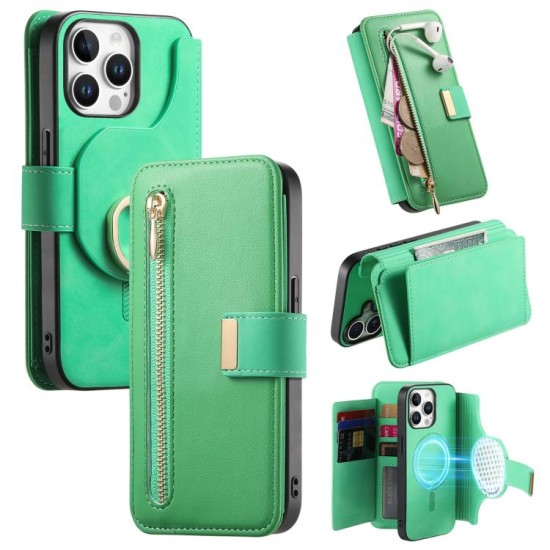 Apple iPhone 15 Pro Max dėklas piniginė arverčiamas Zipper, žalias Apple iPhone 15 Pro Max dėklas piniginė arverčiamas Zipper, žalias