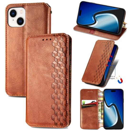 Apple iPhone 15 Pro dėklas knygutė Cubic Grid, rudas Apple iPhone 15 Pro dėklas knygutė Cubic Grid, rudas