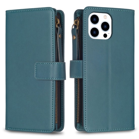 Apple iPhone 15 Pro dėklas knygutė su 9 skyreliais viduje Zipper, žalias Apple iPhone 15 Pro dėklas knygutė su 9 skyreliais viduje Zipper, žalias