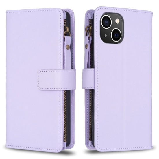 Apple iPhone 15 dėklas knygutė su 9 skyreliais viduje Zipper, purpurinis Apple iPhone 15 dėklas knygutė su 9 skyreliais viduje Zipper, purpurinis