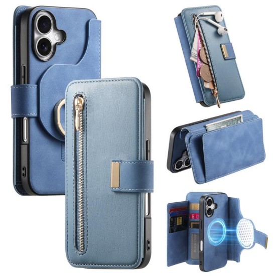 Apple iPhone 16 Plus dėklas piniginė arverčiamas Zipper, mėlynas Apple iPhone 16 Plus dėklas piniginė arverčiamas Zipper, mėlynas