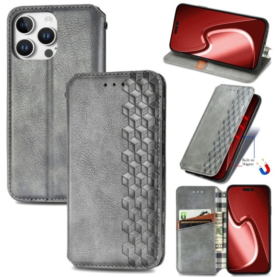 Apple iPhone 16 Pro Max dėklas knygutė Cubic Grid, pilkas Apple iPhone 16 Pro Max dėklas knygutė Cubic Grid, pilkas