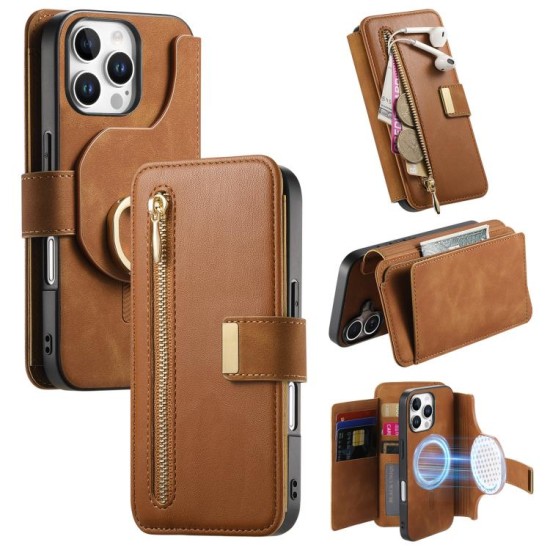 Apple iPhone 16 Pro Max dėklas piniginė arverčiamas Zipper, rudas Apple iPhone 16 Pro Max dėklas piniginė arverčiamas Zipper, rudas