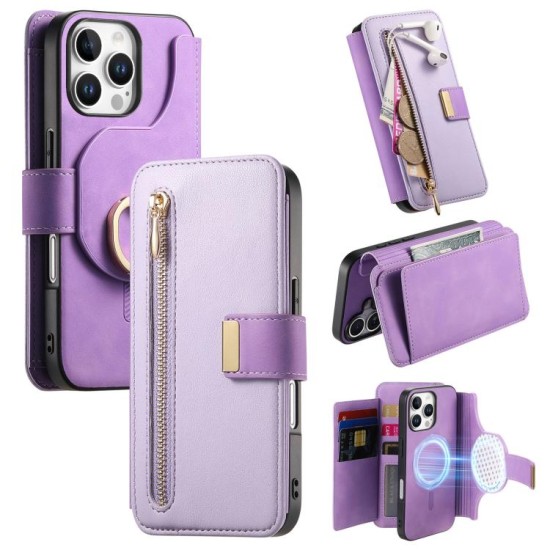 Apple iPhone 16 Pro Max dėklas piniginė arverčiamas Zipper, violetinis Apple iPhone 16 Pro Max dėklas piniginė arverčiamas Zipper, violetinis