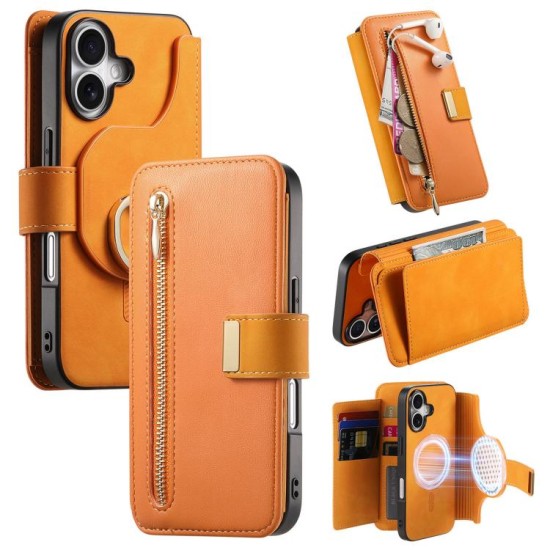 Apple iPhone 16 dėklas piniginė arverčiamas Zipper, oranžinis Apple iPhone 16 dėklas piniginė arverčiamas Zipper, oranžinis