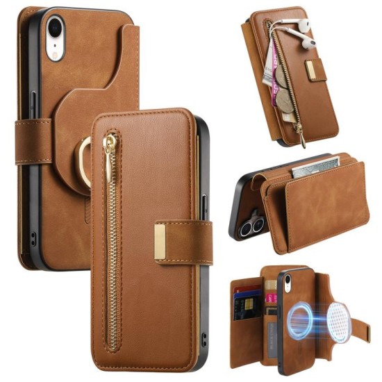 Apple iPhone XR dėklas piniginė arverčiamas Zipper, rudas Apple iPhone XR dėklas piniginė arverčiamas Zipper, rudas