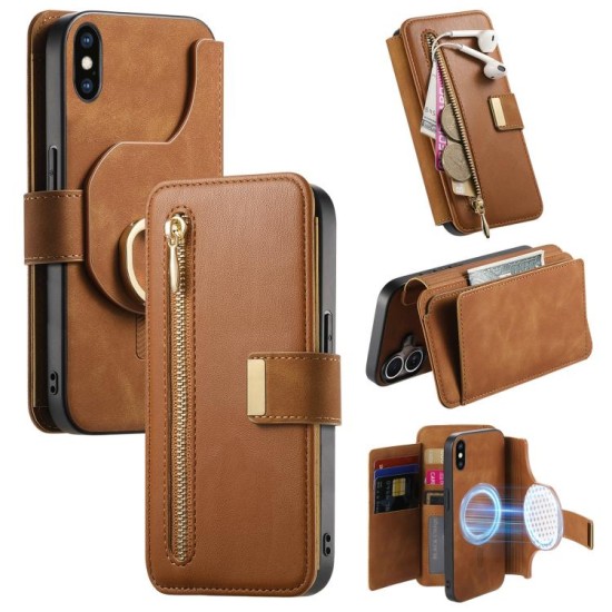 Apple iPhone XS Max dėklas piniginė arverčiamas Zipper, rudas Apple iPhone XS Max dėklas piniginė arverčiamas Zipper, rudas