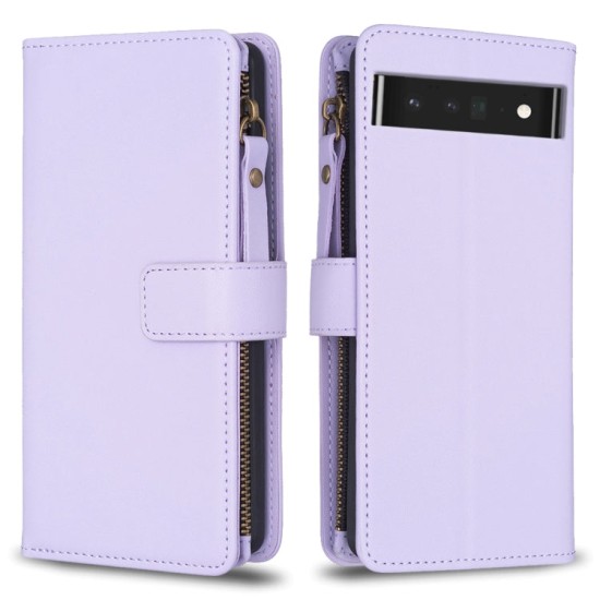 Google Pixel 7 Pro dėklas knygutė su 9 skyreliais viduje Zipper, purpurinis Google Pixel 7 Pro dėklas knygutė su 9 skyreliais viduje Zipper, purpurinis