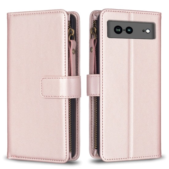 Google Pixel 7a dėklas knygutė su 9 skyreliais viduje Zipper, rausvas auksinis Google Pixel 7a dėklas knygutė su 9 skyreliais viduje Zipper, rausvas auksinis