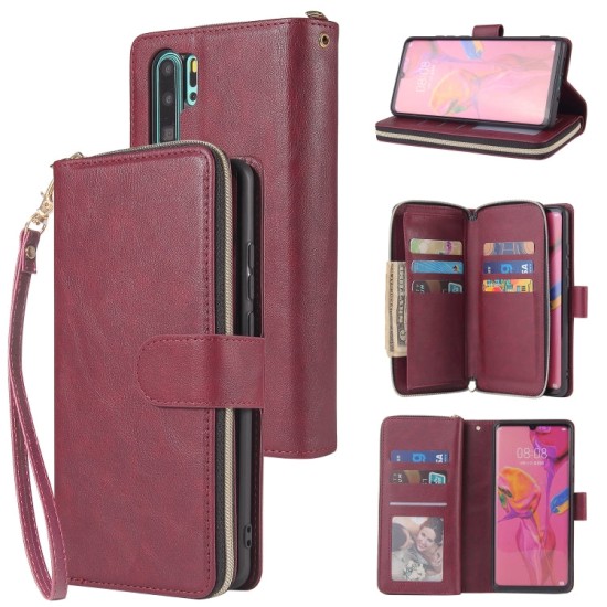 Huawei P30 Pro dėklas knygutė su 9 skyreliais viduje Zipper, bordo Huawei P30 Pro dėklas knygutė su 9 skyreliais viduje Zipper, bordo