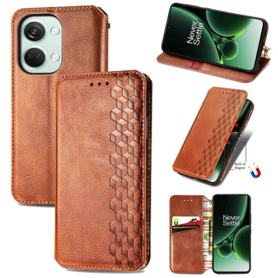 OnePlus Nord 3 dėklas knygutė Cubic Grid, rudas OnePlus Nord 3 dėklas knygutė Cubic Grid, rudas