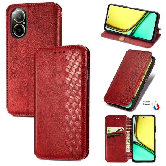 Realme C67 dėklas knygutė Cubic Grid, raudonas