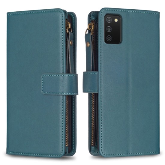 Samsung Galaxy A03s dėklas knygutė su 9 skyreliais viduje Zipper, žalias