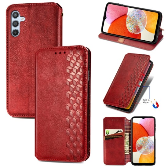 Samsung Galaxy A14 dėklas knygutė Cubic Grid, raudonas Samsung Galaxy A14 dėklas knygutė Cubic Grid, raudonas