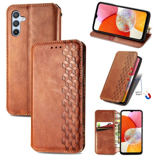 Samsung Galaxy A14 dėklas knygutė Cubic Grid, rudas Samsung Galaxy A14 dėklas knygutė Cubic Grid, rudas