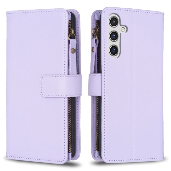Samsung Galaxy A14 dėklas knygutė su 9 skyreliais viduje Zipper, purpurinis Samsung Galaxy A14 dėklas knygutė su 9 skyreliais viduje Zipper, purpurinis