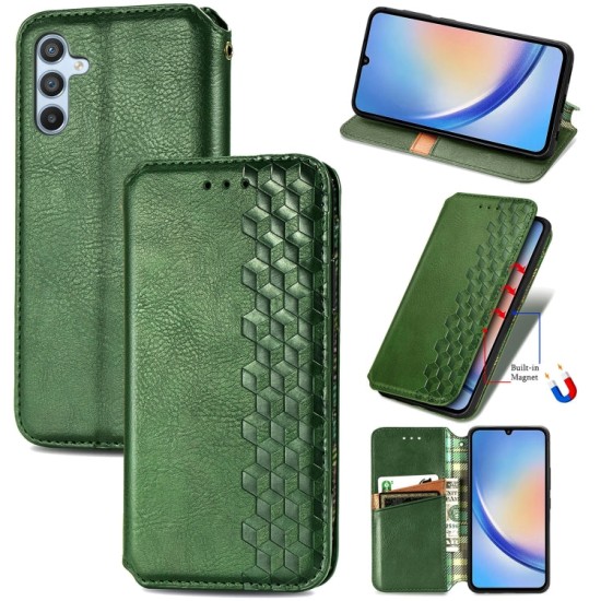 Samsung Galaxy A34 5G dėklas knygutė Cubic Grid, žalias