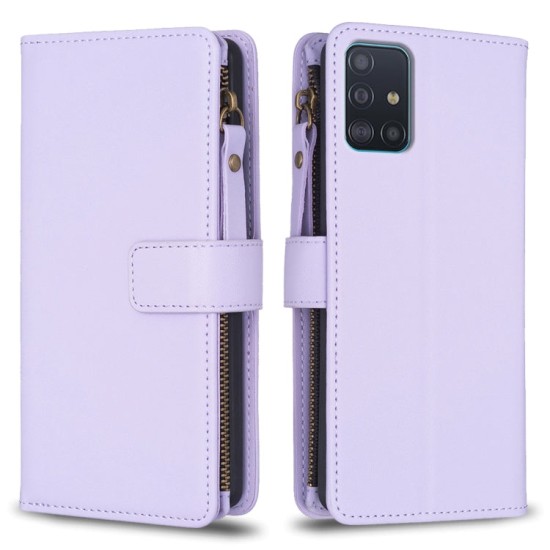 Samsung Galaxy A51 dėklas knygutė su 9 skyreliais viduje Zipper, purpurinis