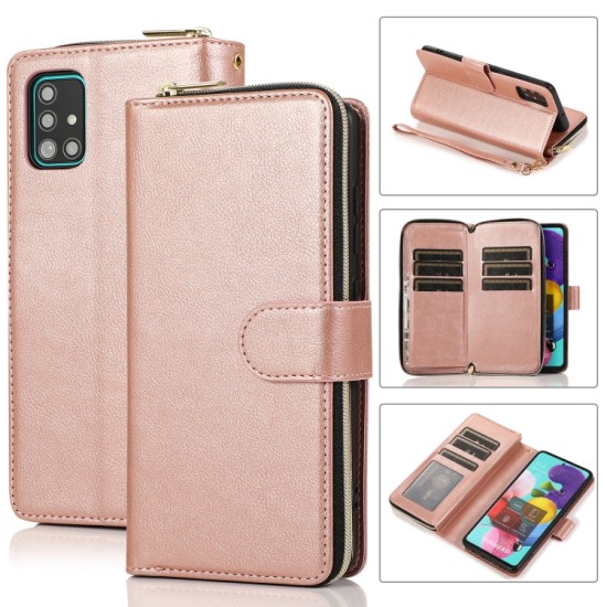 Samsung Galaxy A51 dėklas knygutė su 9 skyreliais viduje Zipper, rausvas auksinis