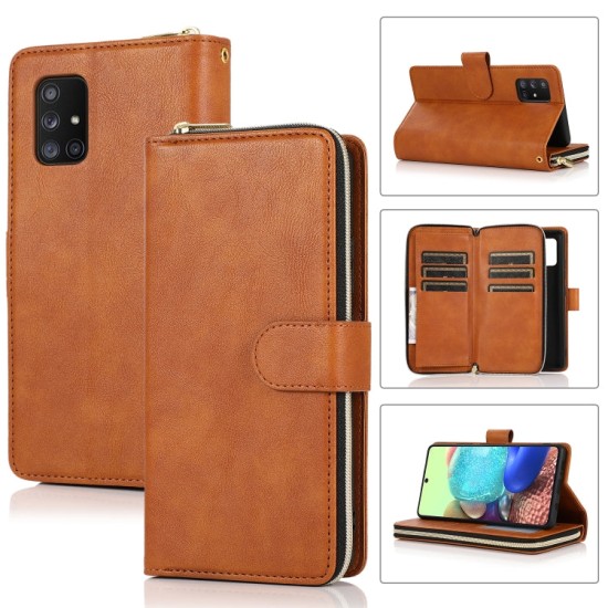 Samsung Galaxy A71 dėklas knygutė su 9 skyreliais viduje Zipper, rudas Samsung Galaxy A71 dėklas knygutė su 9 skyreliais viduje Zipper, rudas