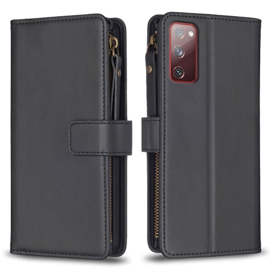 Samsung Galaxy S20 FE dėklas knygutė su 9 skyreliais viduje Zipper, juodas Samsung Galaxy S20 FE dėklas knygutė su 9 skyreliais viduje Zipper, juodas