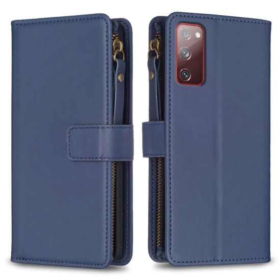 Samsung Galaxy S20 FE dėklas knygutė su 9 skyreliais viduje Zipper, mėlynas